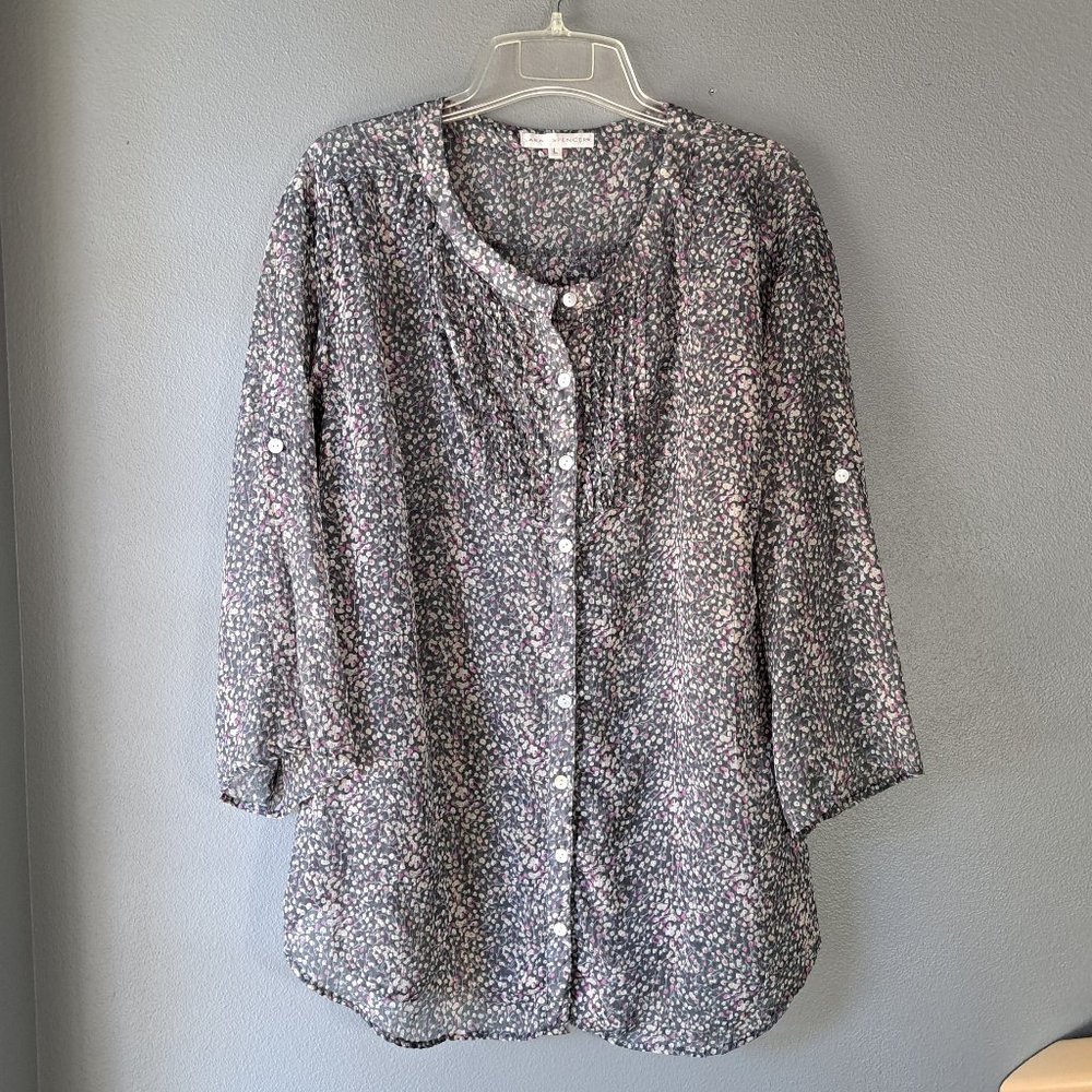 Sarah Spencer - Gray, Cream, Pink, 3/4 Sleeve Floral Button Down Blouse, Large